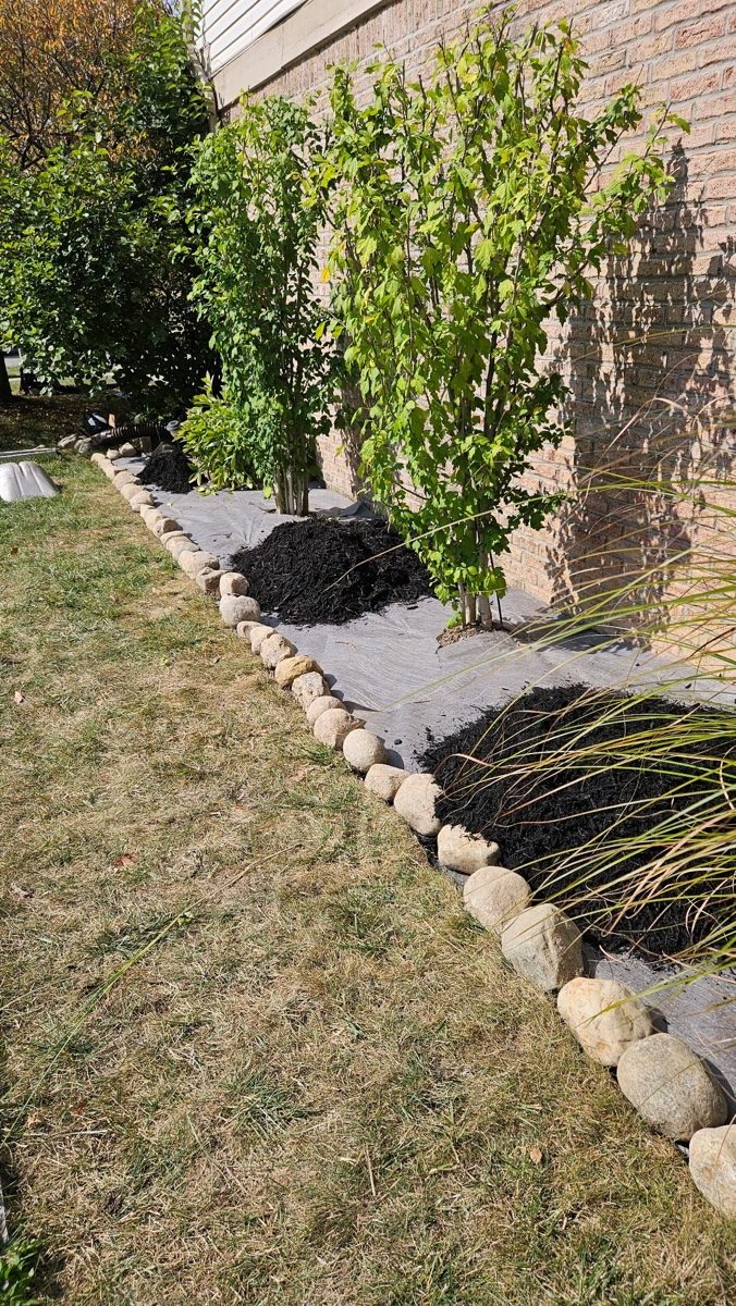 Stone-edged planting bed with new shrubs and mulch